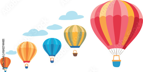 Colorful hot air balloon vector illustration against a clear sky, showcasing its vibrant patterns and design.