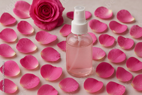 Rose Water: A transparent bottle of rose water sits amidst an elegant arrangement of delicate pink rose petals and a full rose. Showcasing the essence of floral beauty, purity.