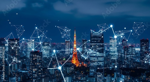 Wallpaper Mural Nighttime cityscape with illuminated tower, overlaid with digital network connections, representing technology. Torontodigital.ca