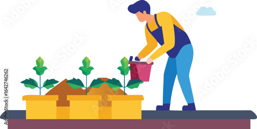 Man watering plants in a vibrant garden, nurturing flowers and greenery under a clear blue sky.