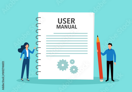 Employee with user guide manual or handbook in flat design vector illustration.