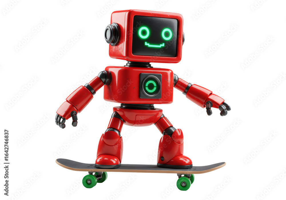 透明な背景上の赤いロボットがスケートボードに乗って楽しむ様子を示す3Dレンダリング 透明な背景上の赤いロボットがスケートボードに乗って楽しむ様子を示す3Dレンダリング