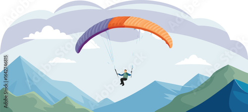 A paraglider soars above majestic mountains, showcasing a breathtaking view of the landscape below.
