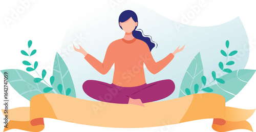 A woman in lotus position surrounded by green leaves, embodying tranquility and connection with nature.