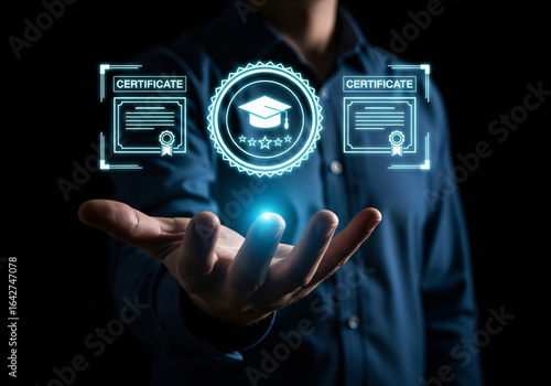 Man holding digital certificate icon with graduation cap, symbolizing online learning achievement. Concept of e-learning, remote education, and professional certification system.