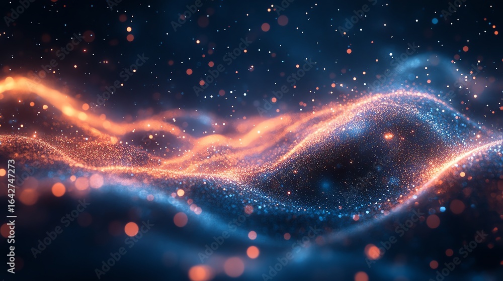 Fototapeta premium Abstract Dynamic Light Wave Pattern with Sparkling Particles in Blue and Orange Colors