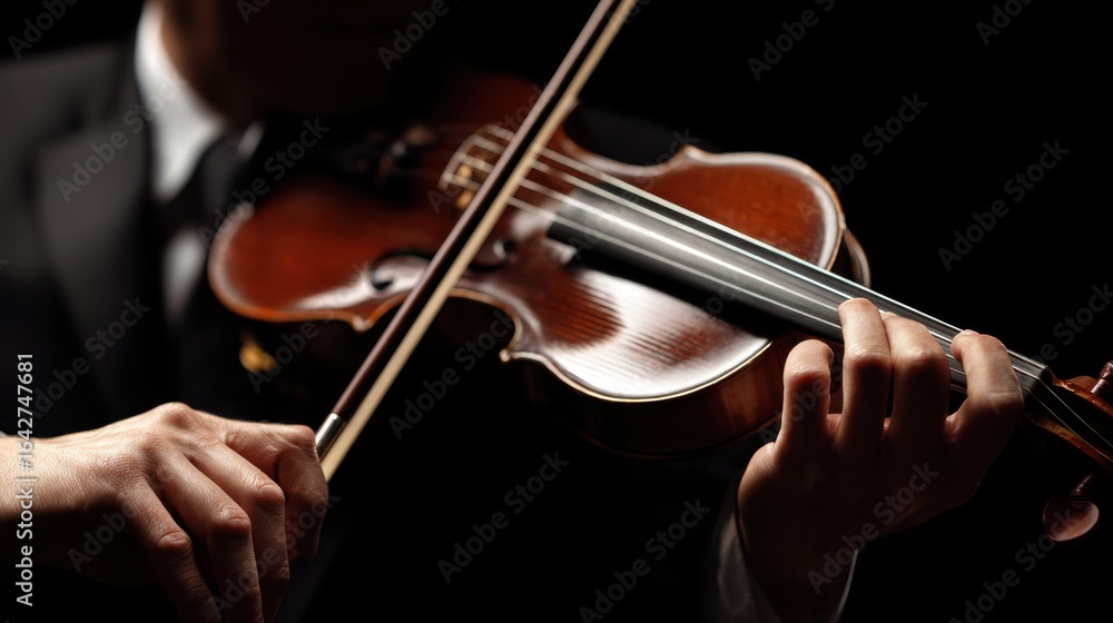 Fototapeta premium A skilled musician passionately plays a violin on stage, dressed in formal attire. The dramatic lighting highlights the instrument, creating an intimate atmosphere for the audience.