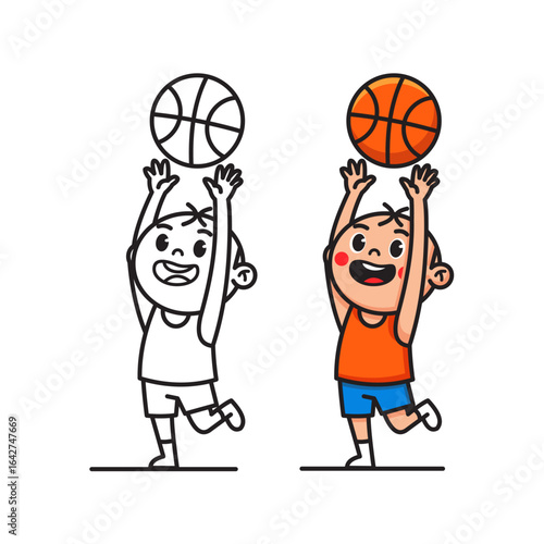 Adorable vector cartoon of a child shooting a basketball, big smile, bright colors, coloring with line art vector
