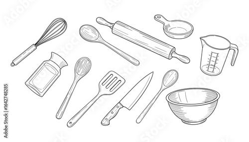 Detailed Sketch of Kitchen Utensils; Rolling Pin, Mixing Bowl, Spoons and Other Items