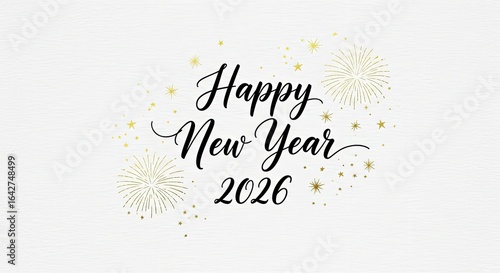 Happy New Year 2026 greeting with calligraphy and golden fireworks on a white paper background.