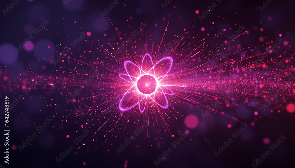 Naklejka premium Abstract blust in the middle and tine particles in warm colors spreading from the burst all the way in dark purple background, sparkling, quantum energy theme, negative space on the right , shimmering