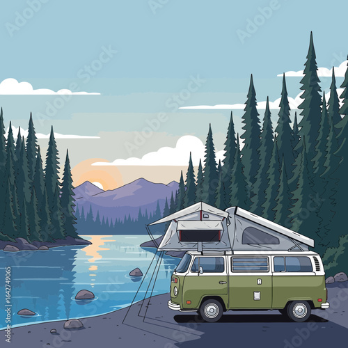 Retro camper van with a rooftop tent for a camping adventure in a tranquil wilderness landscape by a lake.