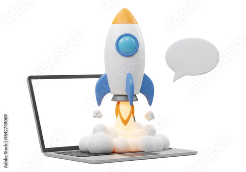 ノートパソコンから打ち上げられる白いロケットの3Dレンダリング 透明な背景に煙と炎を伴うビジネススタートアップ