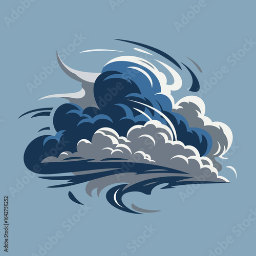 Stylized graphic illustration of a powerful and turbulent storm cloud with swirling winds
