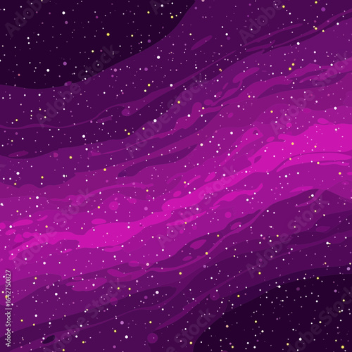 Cosmic background with a flowing magenta galaxy, glittering starfield, and dark purple universe.