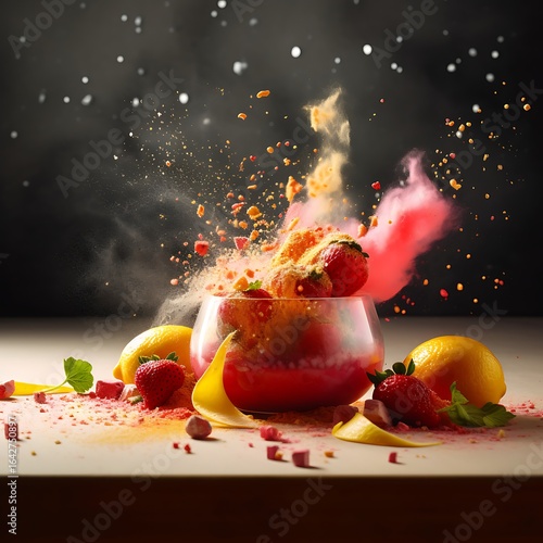 fruit explosion mockup with strawberry citrus powder and leaves on dark background

