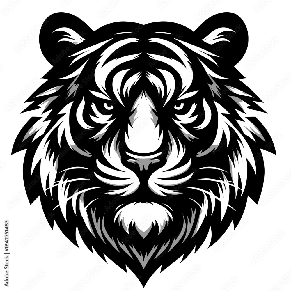 Fototapeta premium Bold black and white tiger head logo illustration with intense eyes and sharp fur details symbolizing courage and dominance