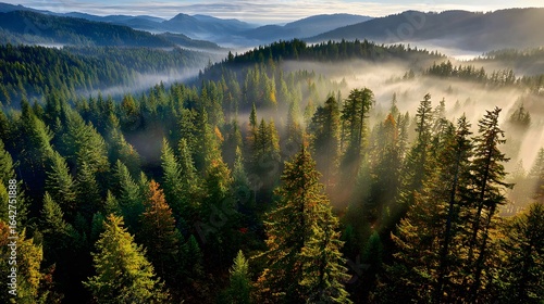 Misty morning light filters through a dense forest canopy.