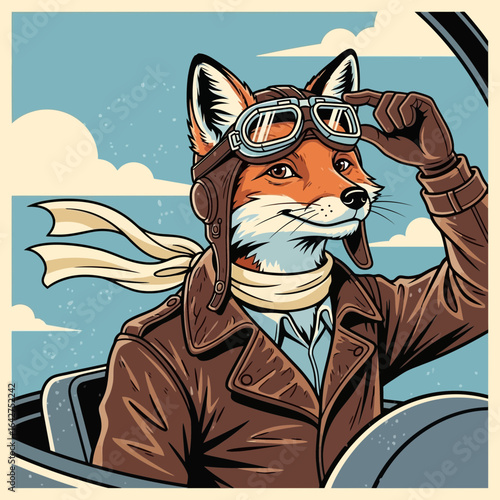 Portrait of a courageous fox pilot in vintage aviator gear, ready for a high-flying adventure in the sky.