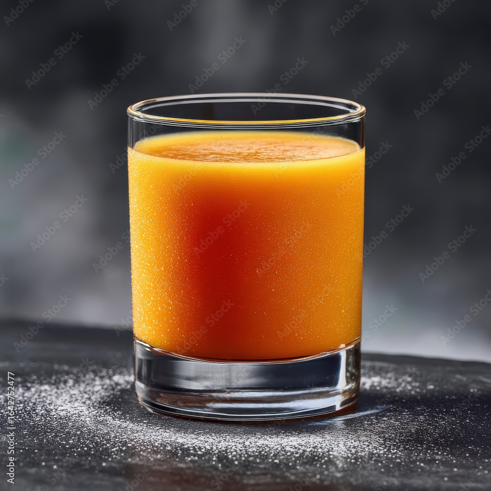 A chilled glass of bright orange juice, dusted with a hint of sugar, offers a refreshing and healthy beverage option A chilled glass of bright orange juice, dusted with a hint of sugar, offers a refreshing and healthy beverage option