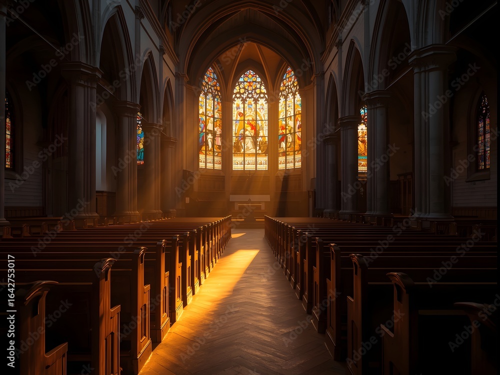 Fototapeta premium Beautiful sunlight streaming through colorful stained glass windows of a historic church interior, creating a spiritual atmosphere with warm golden light and gothic architecture