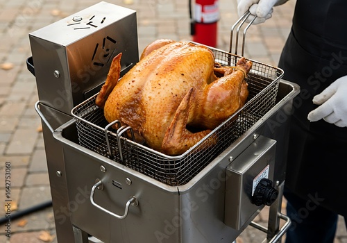 Crispy turkey being deep fried outdoors