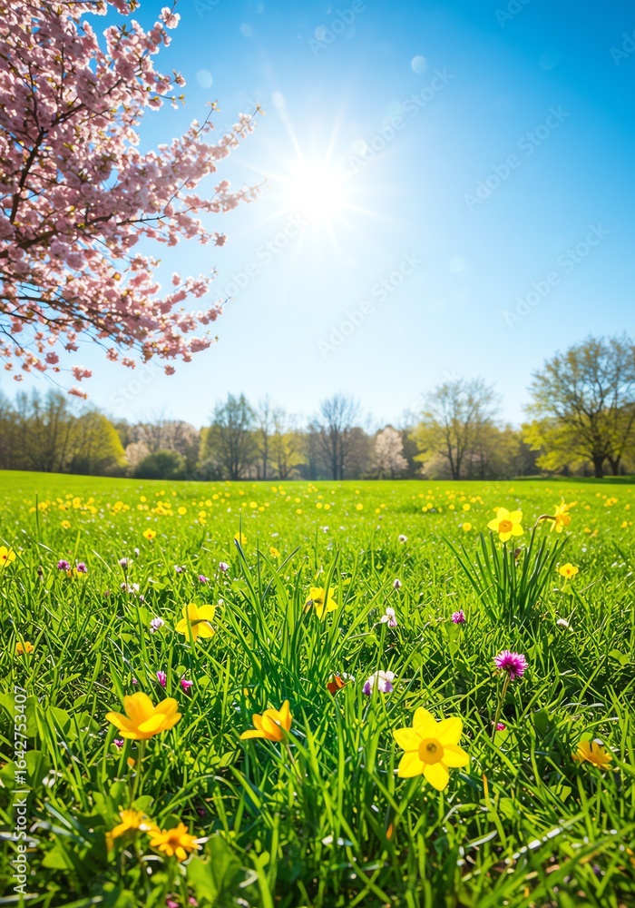 Fototapeta premium Vibrant Spring Meadow with Colorful Flowers and Blooming Cherry Blossom Trees Under Bright Sunlight