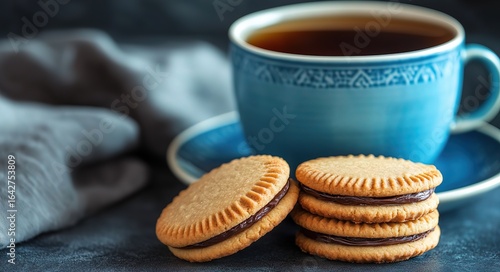 Stack of Chocolate-Filled Round Cookies with Elegant Blue Tea Cup in Vintage Cozy Afternoon Tea Setting