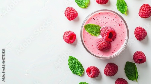 Top View Pink Smoothie with Raspberries and Mint on White Background, Flat Lay with Copy Space for Healthy Ads