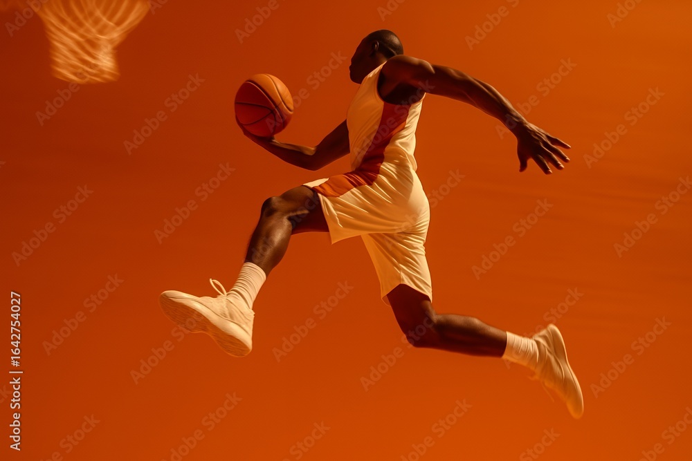 Obraz premium Dynamic basketball player soaring mid-air with ball, aiming for the hoop