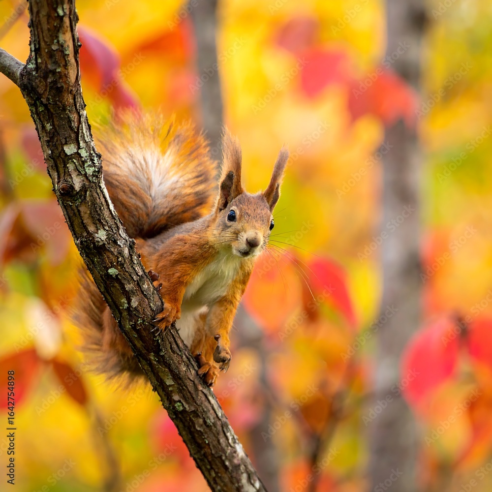 A red squirrel perches on a branch, autumn leaves blurred in the background A red squirrel perches on a branch, autumn leaves blurred in the background