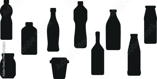 Bottle and Container Silhouette Vector Set – Beverage, Drink, Water, Juice, Wine, Plastic, Glass, Packaging, Black, Icon, Design