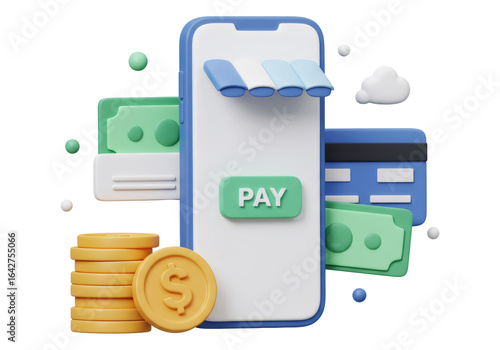 透明な背景上のコイン 紙幣 クレジット カード付きの携帯電話での3Dオンライン支払い