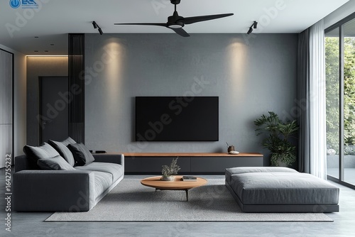 Grey sofa positioned against a TV unit in a Scandinavian home interior, featuring a modern living room design with a ceiling fan lamp that complements the clean lines and bright, Generative AI
