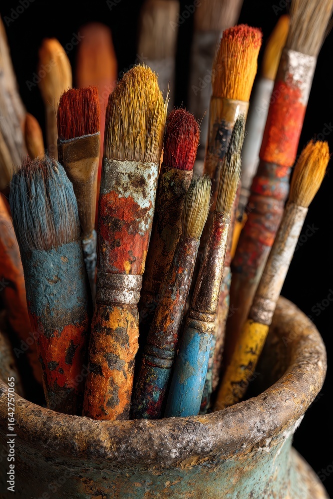 Fototapeta premium Used Paintbrushes in Rustic Pot, Close-Up Art Supplies Still Life