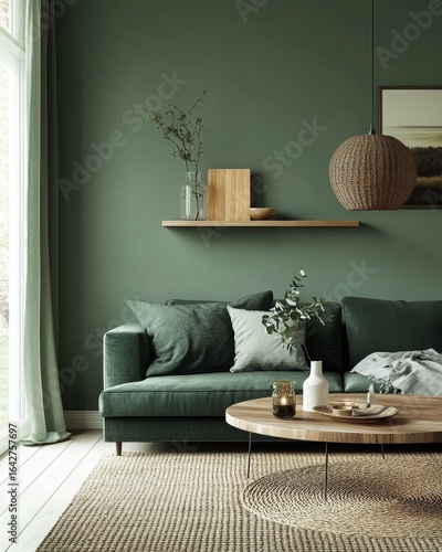 Grey sofa against a green wall with a floating shelf, designed to create a serene and contemporary atmosphere in a Scandinavian-inspired living room, emphasizing minimalist furniture, Generative AI