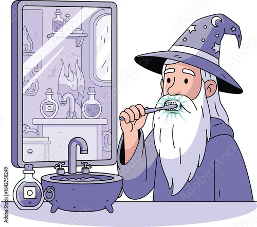 A wizard brushing his teeth in a magical laboratory, isolated on white background