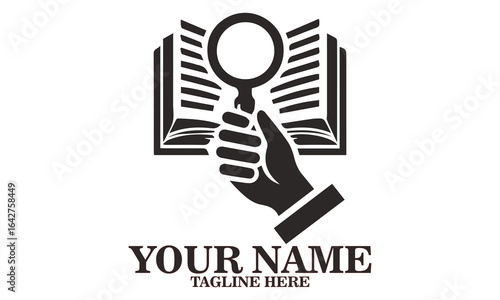 vector illustration of a hand holding a magnifying glass over an open book and logo design