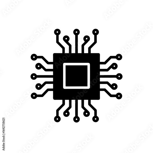 silver microchip icon with glowing blue circuits on transparent background
