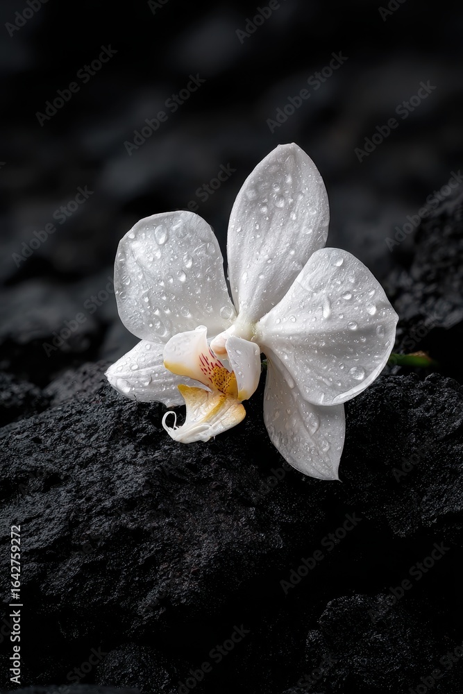 Fototapeta premium White Orchid with Water Droplets on Black Rock Texture Background