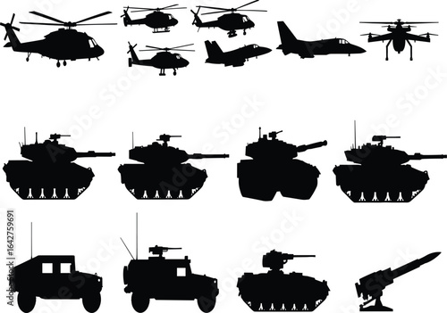 Military vehicles and aircraft silhouettes, helicopters, tanks, jets, drones, armored vehicles, artillery, defense equipment, war machines, combat gear, tactical units, battlefield technology