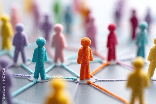 Colorful figures connected by threads