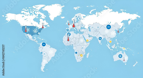 Flat World Map with Winter Weather Symbols and Snowflake Icons – Infographic Style