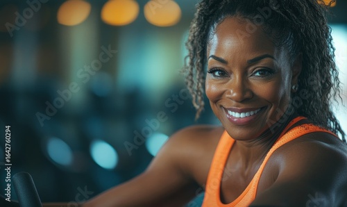 Happy mature fit Black woman cycling in a gym spinning class, Generative AI