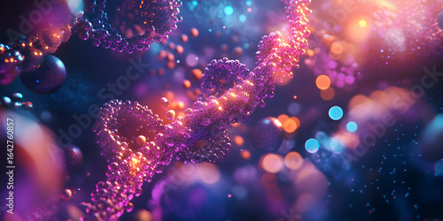 Close-up of DNA Structure with Neon Light Effects, Scientific Representation of DNA with Bokeh Effect, Molecular Biology DNA Structure Glowing with Lights

