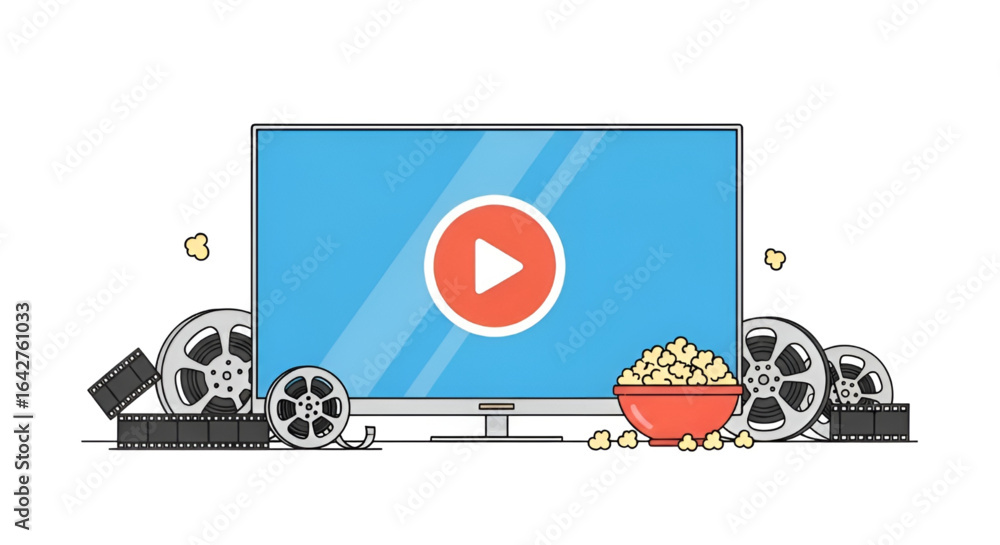 Fototapeta premium Flat Vector Illustration of Streaming Service Concept with Smart TV and Play Button Icon