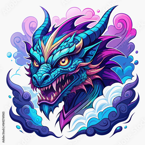 Majestic blue dragon head emerges from vibrant swirling clouds with sharp teeth and piercing eyes