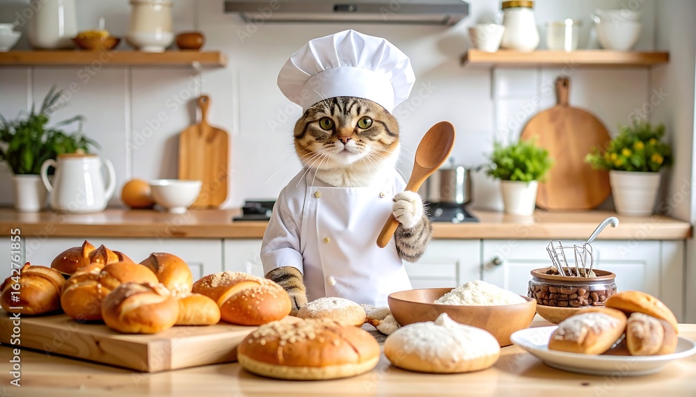 Naklejka premium A tabby cat, dressed as a chef, stands in a kitchen surrounded by freshly baked bread and pastries, holding a wooden spoon