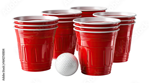 Solo Cup and Game Sphere: A playful arrangement of red disposable cups alongside a spherical game element, poised for a lively recreational pursuit.