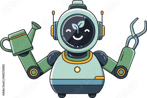 Friendly robot with watering can and pliers for gardening